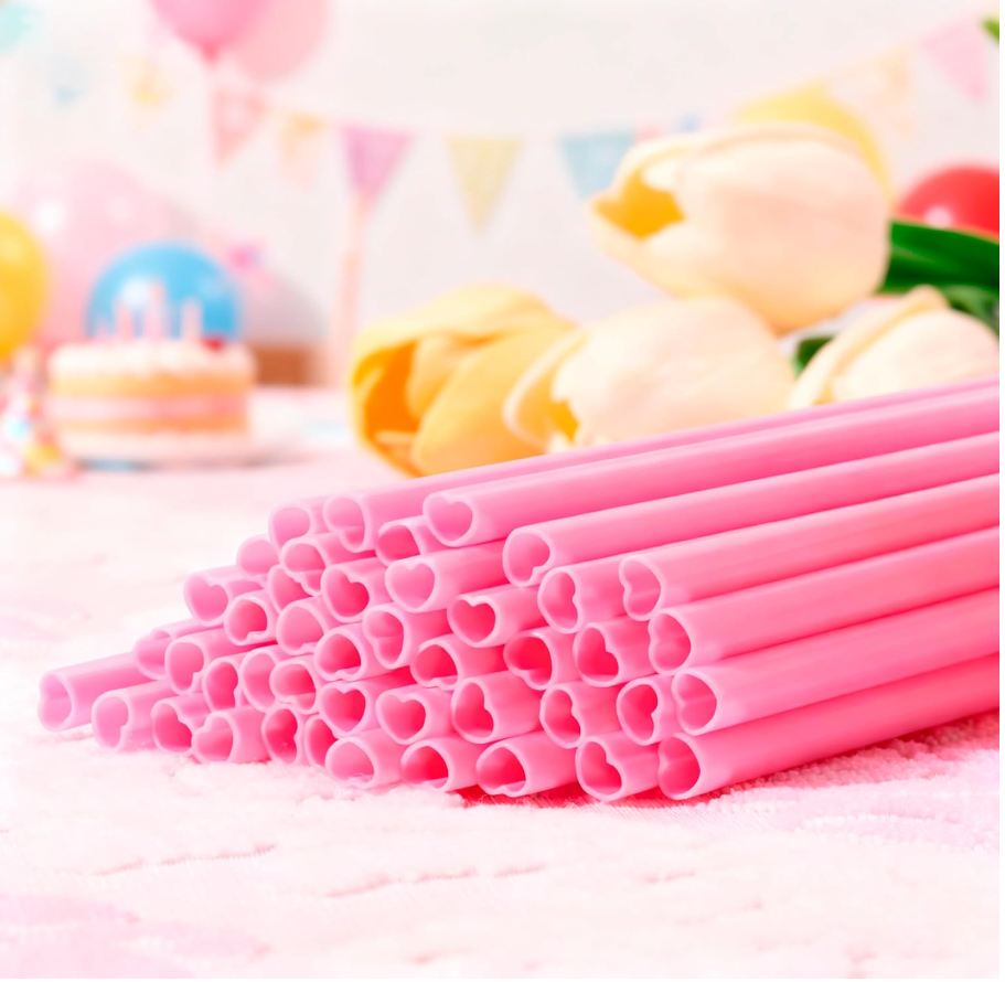 Pink Heart Shaped Straws, Individually Wrapped